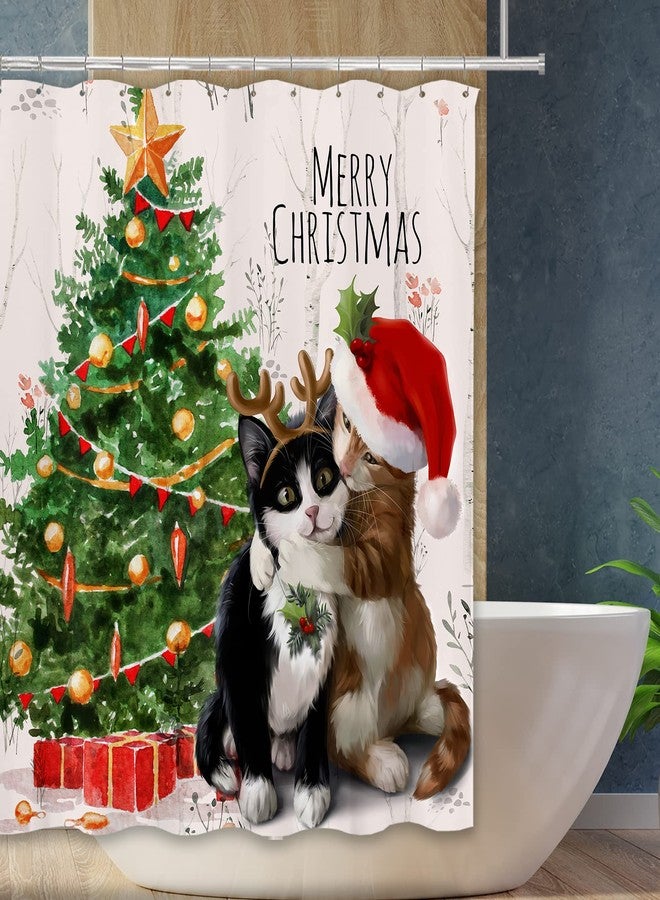 Tititex Merry Christmas Cute Cats Shower Curtain Sets, Christmas Tree Winter Holiday Kitten Ivory Bathroom Curtain Decoration 71x71 Inch with Hooks - Image 2